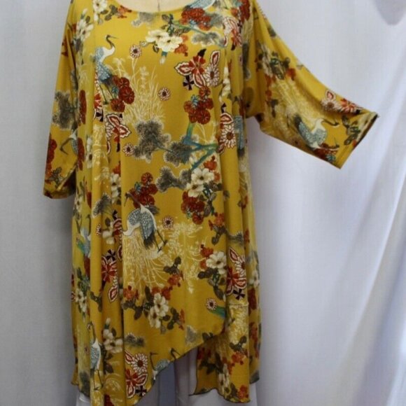 🌼 Coco & Juan Mustard Yellow Floral Lagenlook Tunic Top | Size 1X - Picture 3 of 9